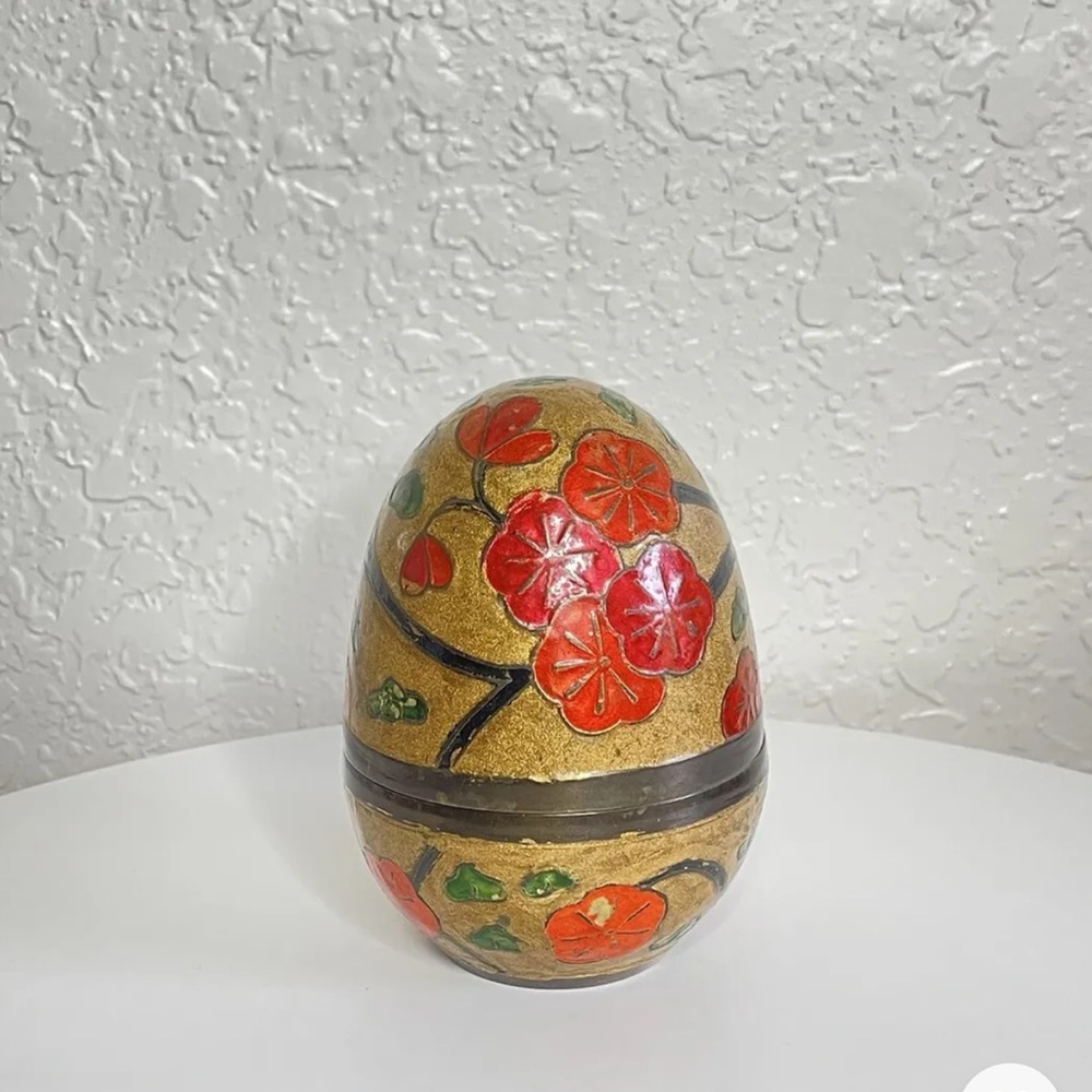Penco Inc Brass & Enamel Egg Trinket Holder Cloisonné Gold w/Red Flowers